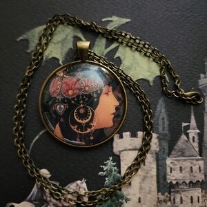 Handmade Glass Framed Art Necklace Alphonse Mucha